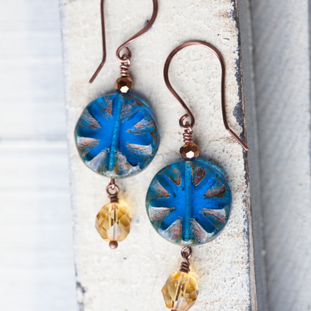 Blue Glass Coin Earrings Handmade New!